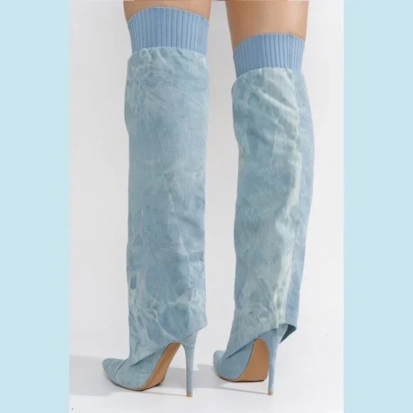 Cape Robbin Light Wash Denim 4 1/2 " Stiletto Heel Skirted OTK High Boot - Picture 2 of 6
